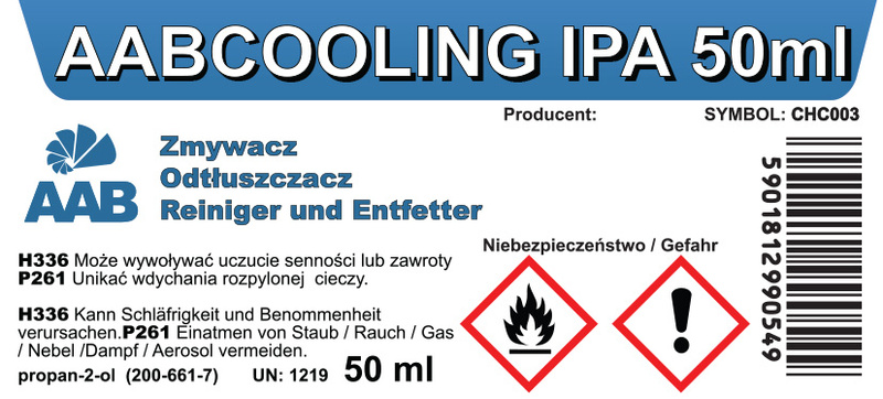 Eticheta AABCOOLING IPA 50 ml – agent de curățare și degresare cu avertismente